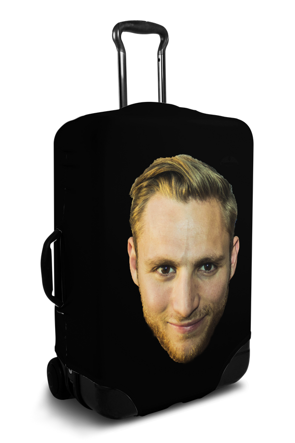 Custom black luggage cover with personalized face