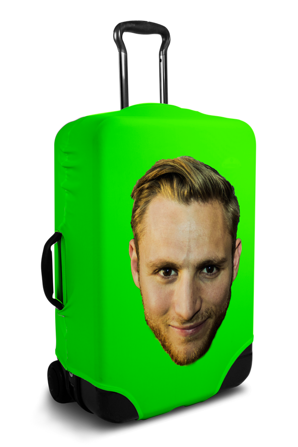 Custom green luggage cover with personalized face