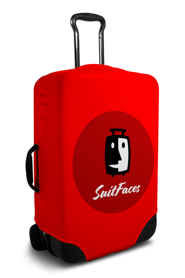 Custom red luggage cover with personalized brand logo