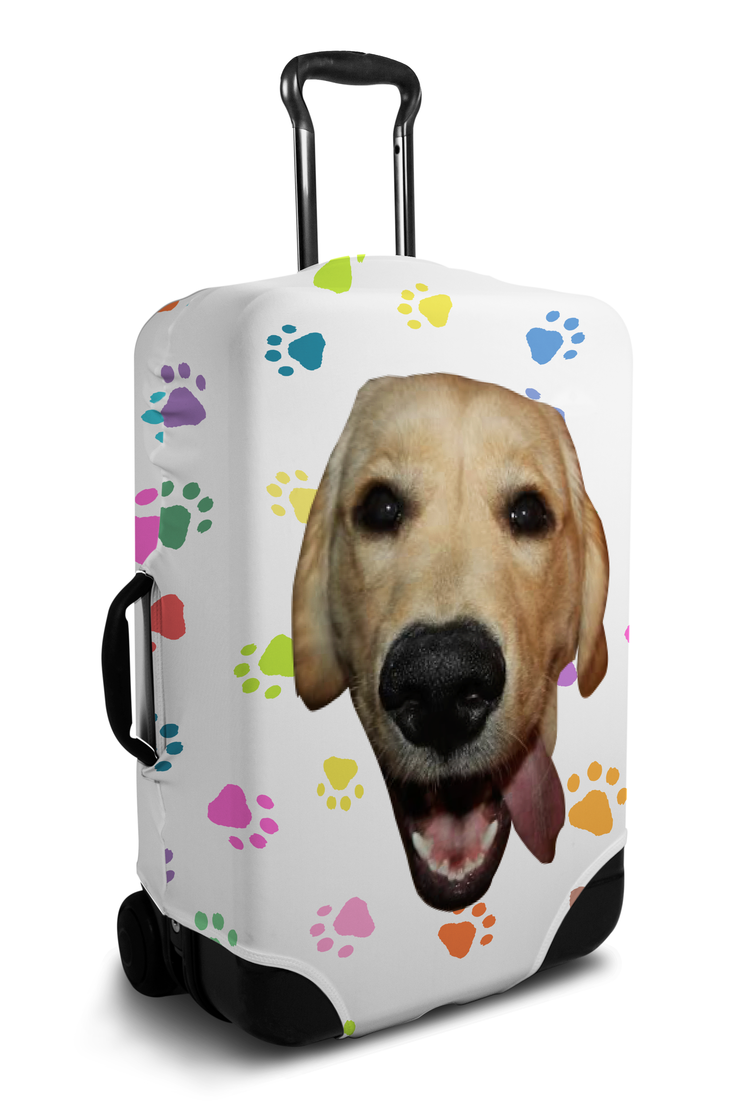 Custom white luggage cover with personalized dog face