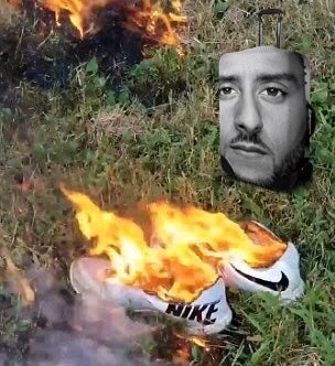Colin Kaepernick watching Nike shoes burn
