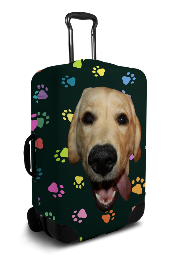 Custom black luggage cover with personalized dog face