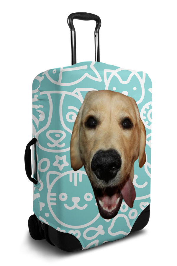 Custom blue luggage cover with personalized dog face