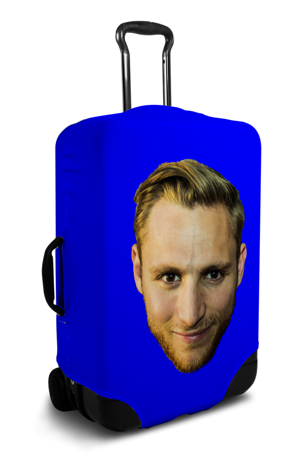 Custom blue luggage cover with personalized face