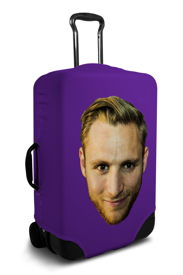 Custom purple luggage cover with personalized face