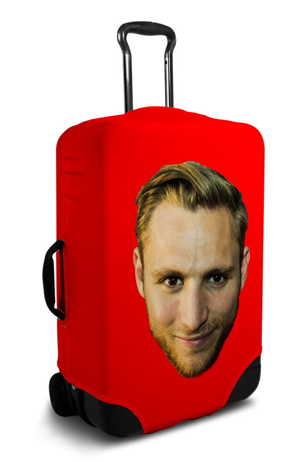 Custom red luggage cover with personalized face