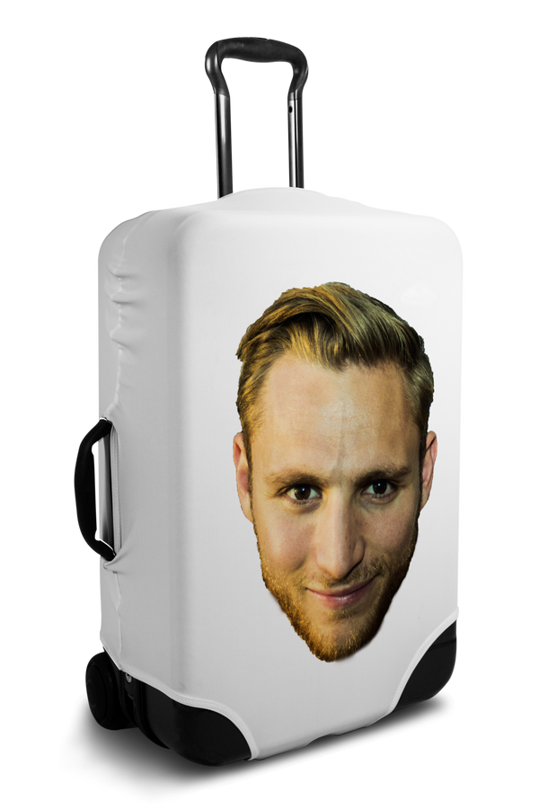 Custom white luggage cover with personalized face