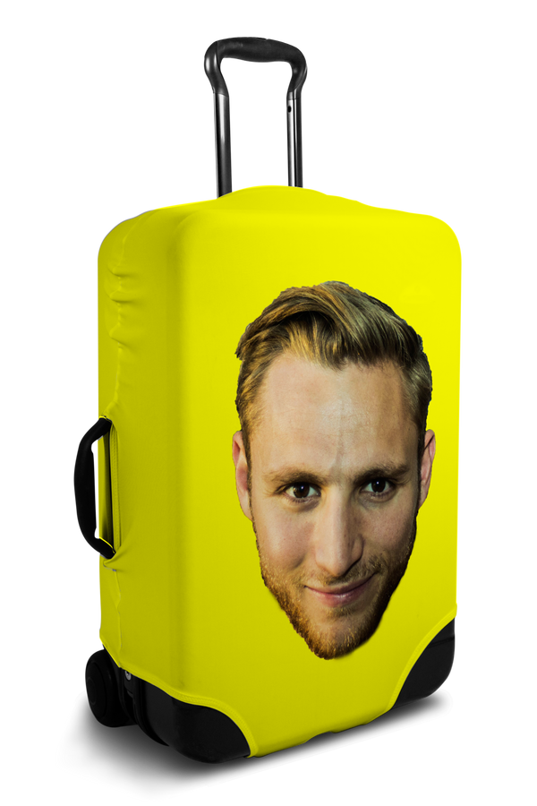 Custom yellow luggage cover with personalized face