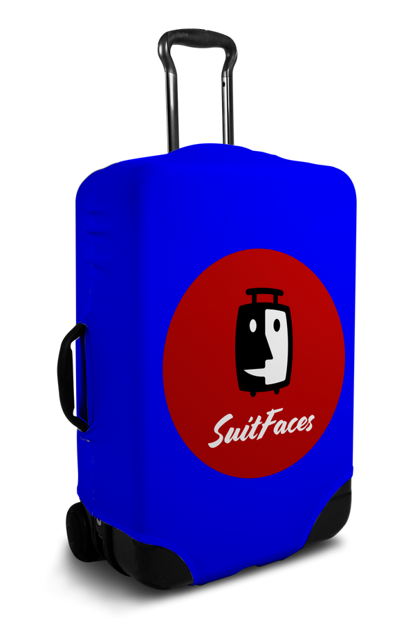 Custom blue luggage cover with personalized brand logo