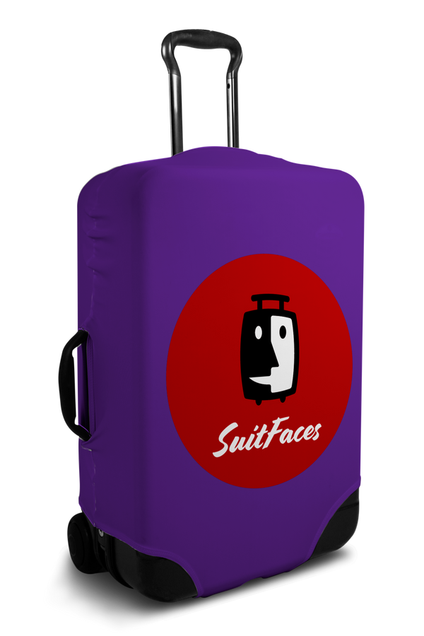 Custom purple luggage cover with personalized brand logo