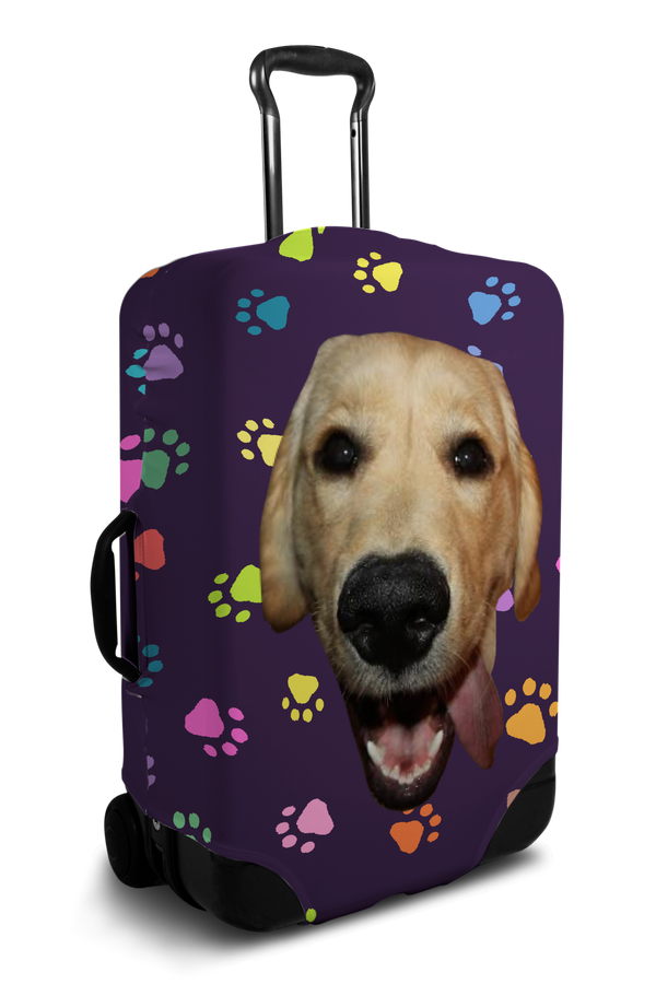 Custom purple luggage cover with personalized dog face